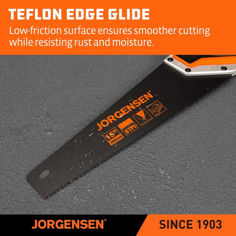 Jorgensen 15” Hand Saw, Black Coated Coarse Handsaw 8TPI for Wood Cutting, Ergonomic Non-Slip Aluminum Handle for Sawing, Trimming, Gardening, Pruning, PVC - Image 4